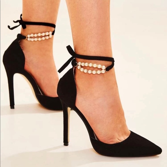 Point Toe Faux Pearl Ankle Strap Stiletto Heals - Picture 4 of 5